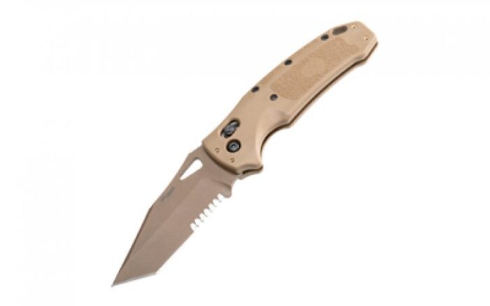 HOGUE SIG SAUER K320 M17 SERRATED FOLDING KNIFE - TANTO ABLE LOCK COYTE TAN PVD 3 1/2 BLADE